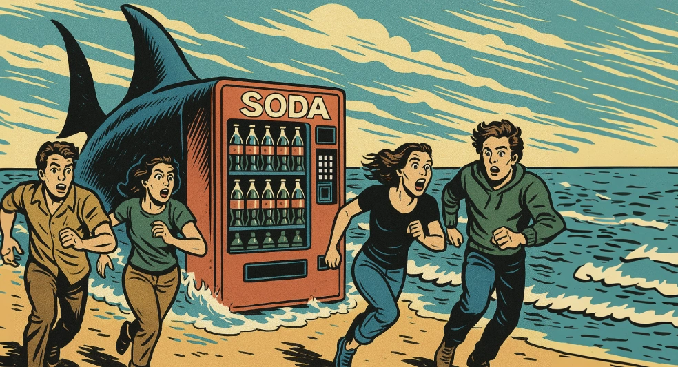 A creature - half soda vending machine, half shark – chases people from a shallow beach